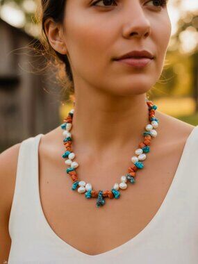 Natural Pearl Necklace with Turquoise and Coral